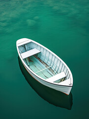 Obraz premium Serene Solitude: A lone rowboat gently drifts upon tranquil, turquoise water, offering a sense of peace and escape.