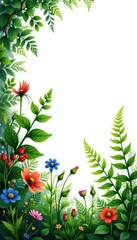 Foliage with ferns and wildflowers isolated on white background, green, garden