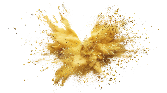 Shimmering Gold Dust Explosion on Transparent PNG – Vibrant Paint Effect

