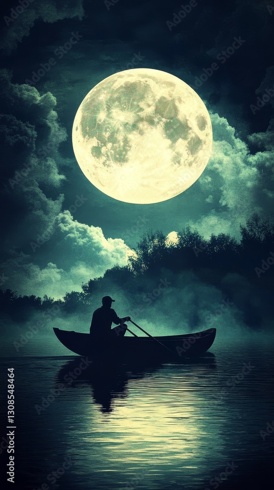 Poster a silhouette rows a boat through misty waters under a luminous full moon, surrounded by dense clouds
