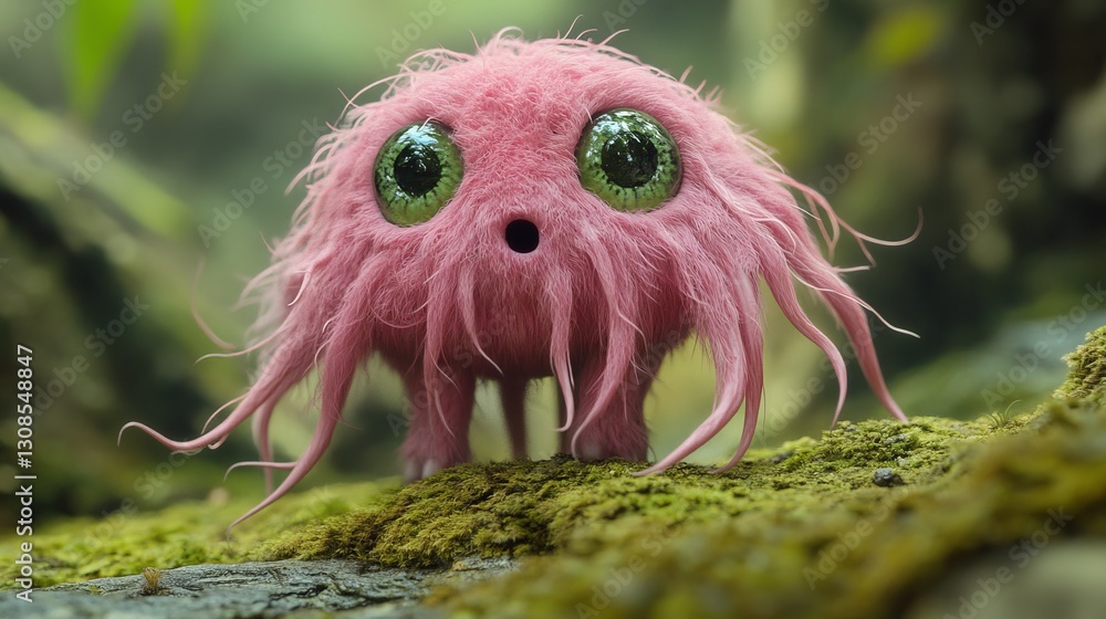 Poster a whimsical pink fuzzy creature with large green eyes and delicate tentacle-like appendages standing