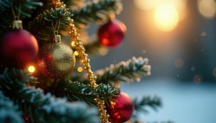 Sparkling golden tinsel tangled in a Christmas tree, holiday ambiance, frosty mornings