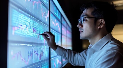 A man is standing in front of a large screen, holding his finger and pointing at it while examining the stock market data on display.