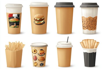 Collection of Fast Food Packaging Including Cups and Boxes with Designs