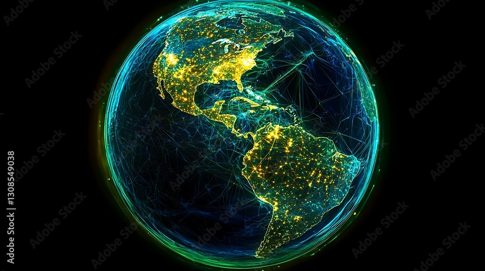 Wall mural abstract concept earth with glowing borders and interconnected digital paths