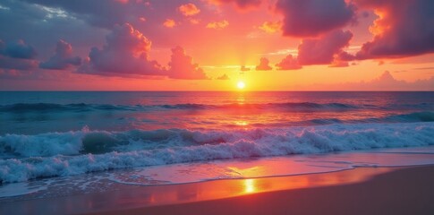 Fototapeta premium Vibrant orange and pink sunset hues reflecting on calm ocean waves, sandy beach , sunset, orange, coast