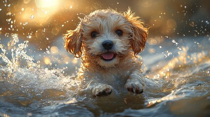 Adorable fluffy puppy joyfully splashing in the water during sunset, with golden light reflecting on the wet fur, capturing a playful and heartwarming moment.  

