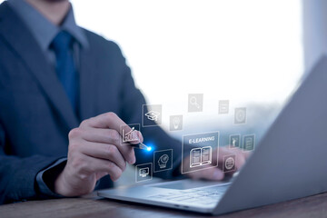 E-learning education concept, Show online e-learning of icons on hand. Learning online educate...