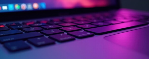 Close-up of laptop keyboard keys; subtle backlighting , silver, detail, blue