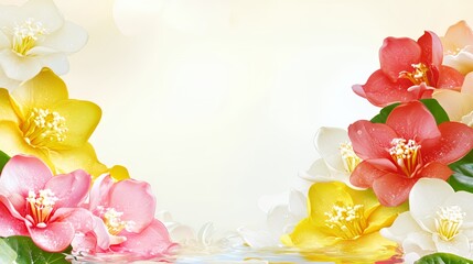 Pastel Pink Yellow White Camellia Blossoms with Water Reflection