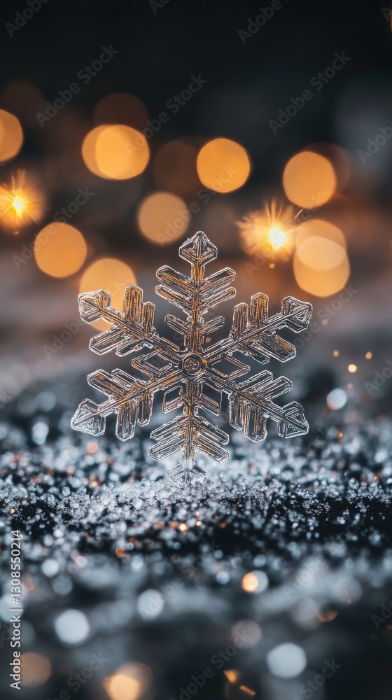 Poster a detailed close-up of a single crystal snowflake resting on a sparkling surface, surrounded by warm