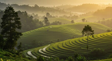 Terraced rice fields in misty sunrise. Green agricultural landscape in Asia. Scenic view of farming terraces. Rural scenery with rolling hills and trees. Nature beauty