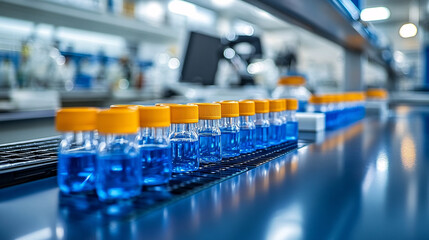 Laboratory setting with blue liquid in vials, showcasing research focus. environment emphasizes innovation and scientific exploration in renewable energy