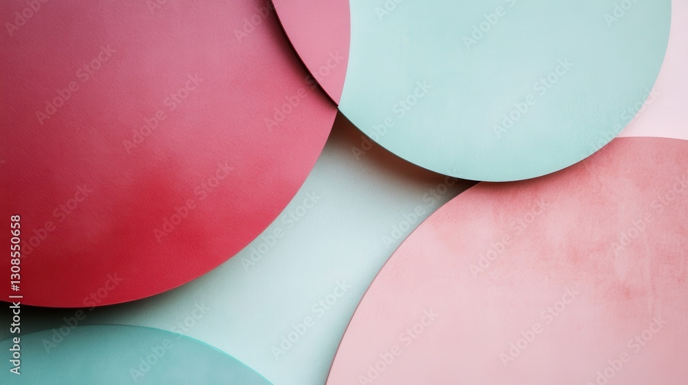 Fototapete overlapping circular forms create an abstract composition in muted tones of red and mint green
