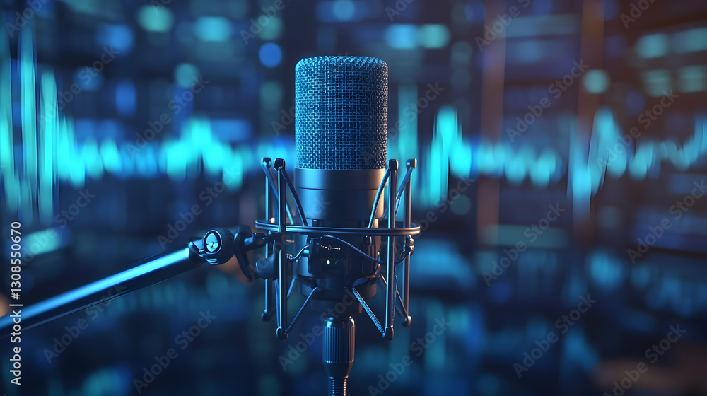 Poster professional studio microphone against an abstract blue background with sound wave patterns