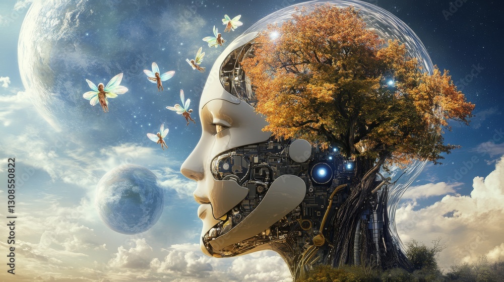 Poster stunning artwork of a robotic humanoid with an embedded tree, surrounded by a galaxy-inspired backgr
