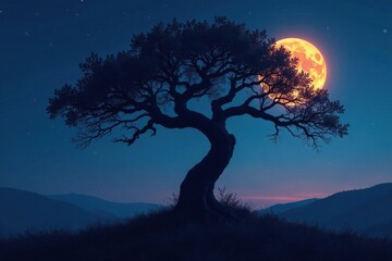 Silhouetted noose on twisted tree, moonlit night, halloween, horror