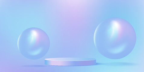 Hologram 3d stage with circular podium and floating balls. Realistic gradient blue studio room background with cylinder base and spheres - minimalist display platform for presentation showcase.