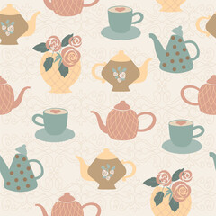 Vintage seamless pattern in shabby chic style. Elegant floral motif, teapot, tea party, coffee time, nostalgic roses and bows, delicate pastel colors. Vector