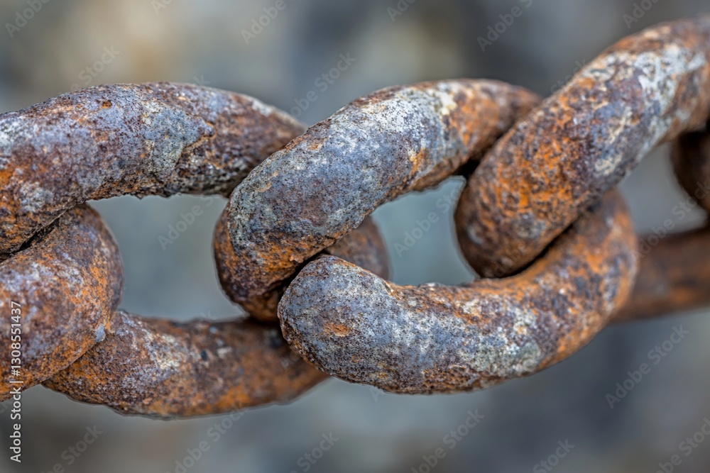 Poster close-up of a rusty chain showing texture and detail of corroded metal links.