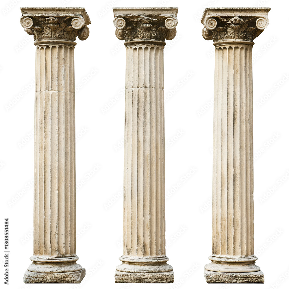 Poster three classical columns with ornate design, isolated on transparent cutout background