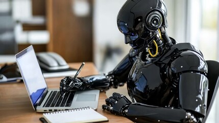 Fototapeta premium A futuristic humanoid robot in a glossy black finish writing notes at a desk with a laptop in a well-lit office, representing AI. AI Generation