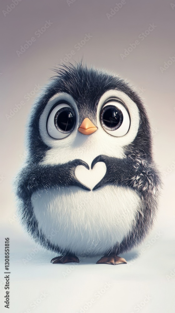 Poster a charming black-and-white penguin with expressive eyes and soft feathers, holding a white heart-sha
