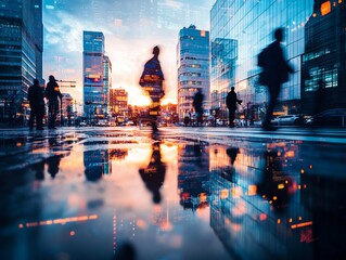 Silhouetted figures walking in a city at sunset, reflected in a wet street.