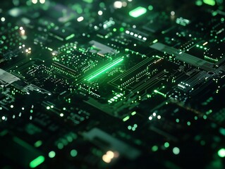 Fototapeta premium Close-up of a glowing green circuit board with intricate details and illuminated pathways.