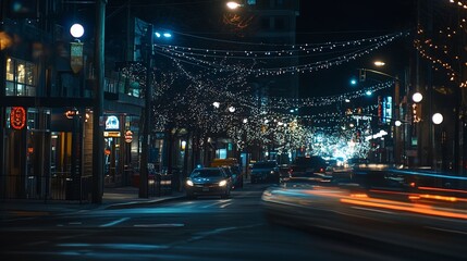 Night cityscape street scene with string lights, blurred traffic, and urban buildings.