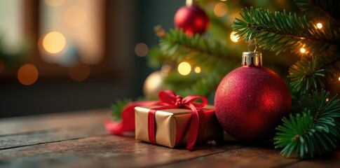 Classic Christmas tree, presents, red ball bokeh , bows, pine tree