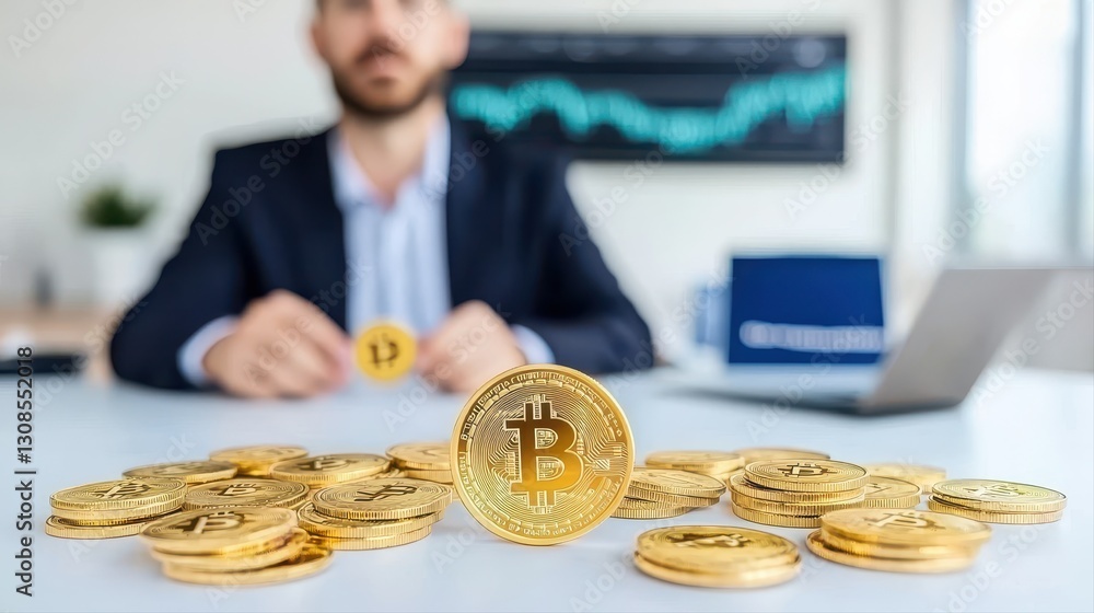Aufkleber man sitting at a table surrounded by bitcoin coins analyzing cryptocurrency trends in a business tec
