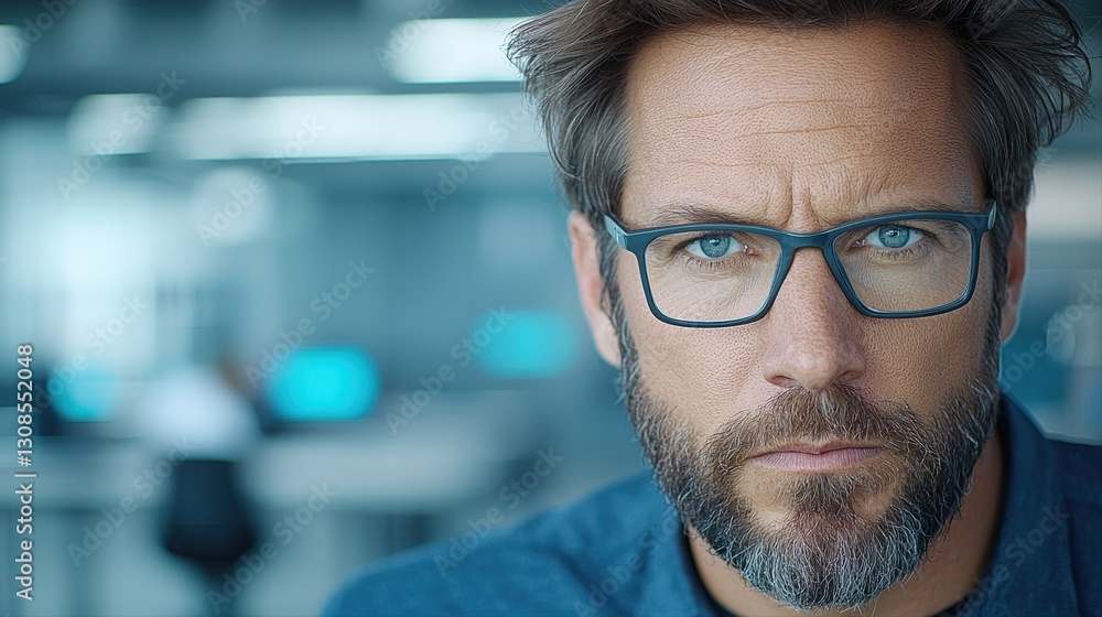Poster portrait of a man with glasses in a professional setting deeply focused on cybersecurity and busines