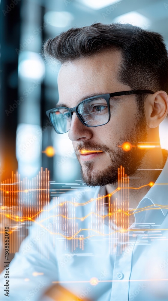 Poster intellectual man with glasses engaged in data analysis on computer display in modern office space fo