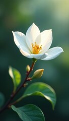 Fototapeta premium Delicate white petals unfolding on a slender branch, branches, leaves