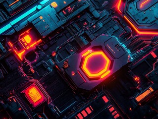 Obraz premium Futuristic Tech Circuitry, Glowing Orange, Dark Background