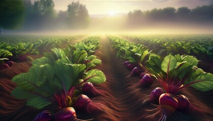 Fototapeta premium A beetroot plantation on a misty morning, showcasing healthy beetroot plants growing on rich, fertile soil. The fog creates a serene atmosphere, enhancing the vibrancy of the crops. 
