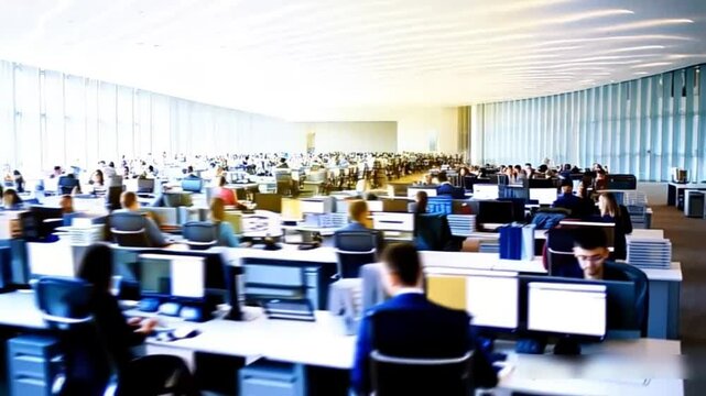People are blurred in this modern business office with a blurred bokeh background.  Businesspeople blurring in a modern, open-plan office or call center