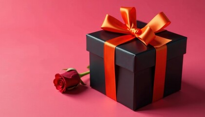 Elegant black gift box, orange ribbon, single rose Valentine's Day romance , detail, macro