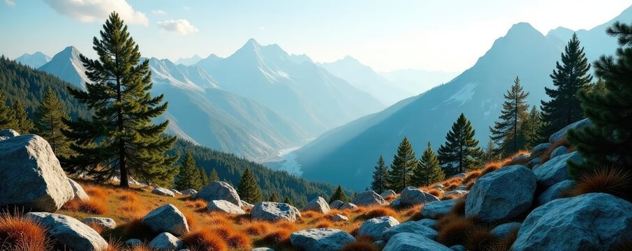 Pine trees scattered across rocky mountainous terrain with strong wind, forest, November, rugged terrain