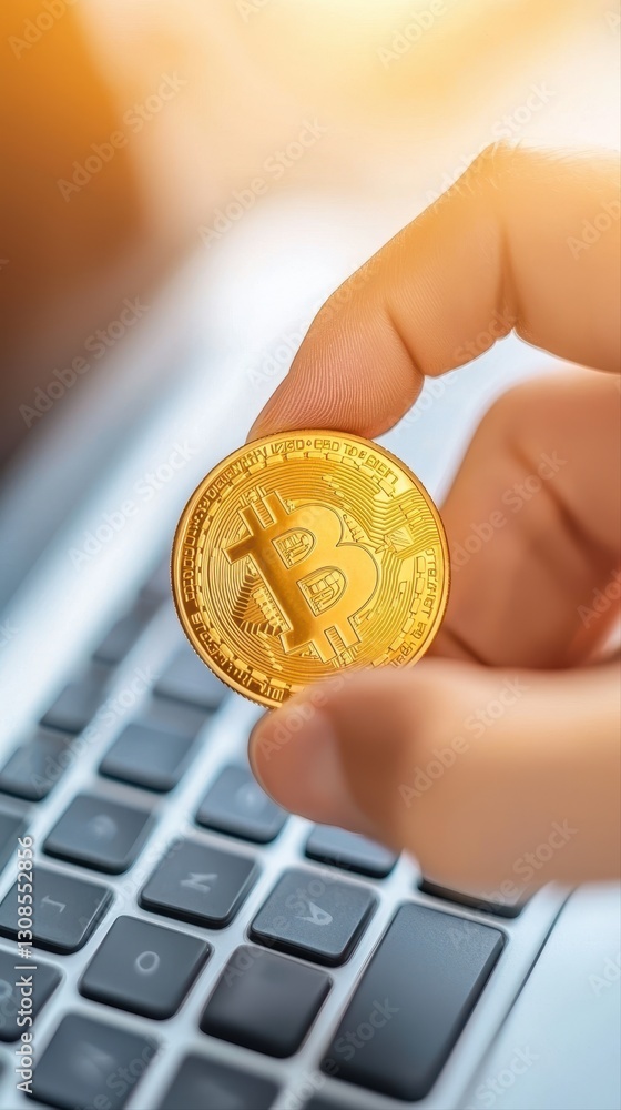 Poster individual's hand gripping bitcoin coin representing secure storage and ownership in digital currenc