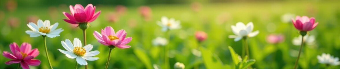 Pink and white ranunculus flowers in a lush green field, white flowers,, flowers