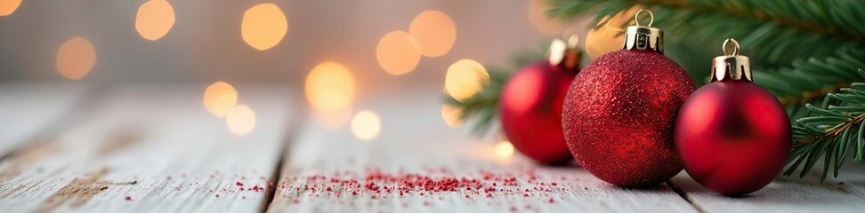 Ornament with red glitter on white bokeh background, red glitter ornaments, rustic charm