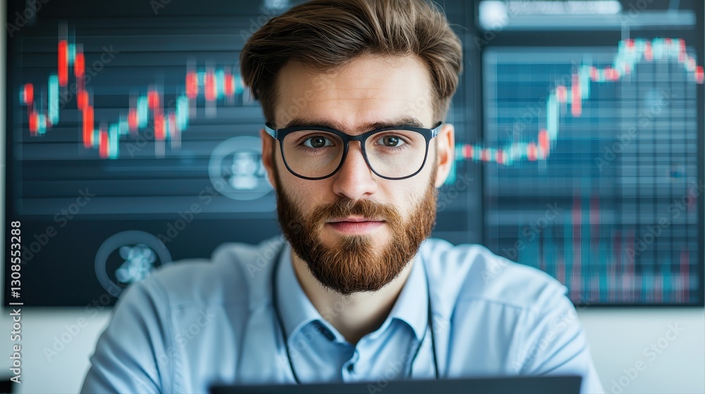 Aufkleber thoughtful man with glasses and beard analyzing financial data in a business and technology professi