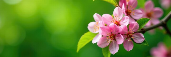 Pink cherry plum blossoms against a green leafy background, green, pink