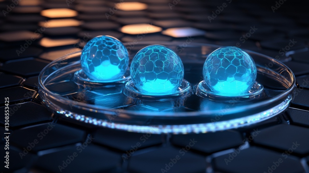 Poster three glowing blue spheres encased in a patterned grid-like surface, presenting an abstract and cutt