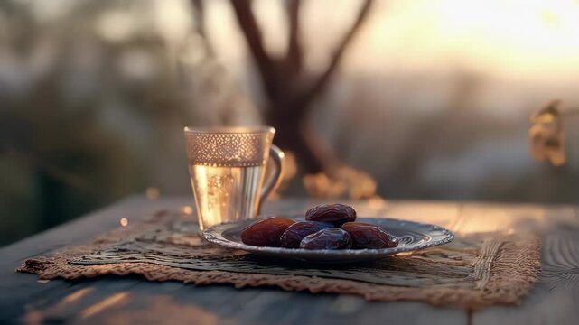 Ramdan, dates and tea in a table for Ramdan evening, fasting breaking, fasting 