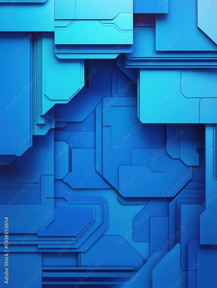 Aufkleber Modern layered paper art showcasing abstract digital transformation and cyberpunk aesthetics in vibrant blue tones Generative AI