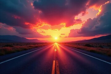 Naklejka premium Sunset over asphalt road Dramatic cloudscape , nature, horizon