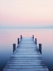 Obraz premium Pier's Serene Horizon: A weathered wooden pier stretches out toward a calm body of water under a pastel sky.